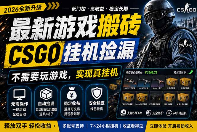 最新游戏搬砖，CSGO纯挂机，不需要玩游戏，实现真挂机，月入1W+，五一小高峰上车可吃肉，…-聚合项目网