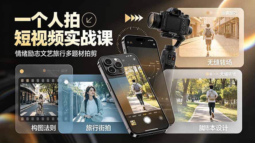 一个人拍短视频实战课：情绪励志文艺旅行多题材×五大景别×黄金构图×八大运镜，从拍摄到成片高效创作-聚合项目网