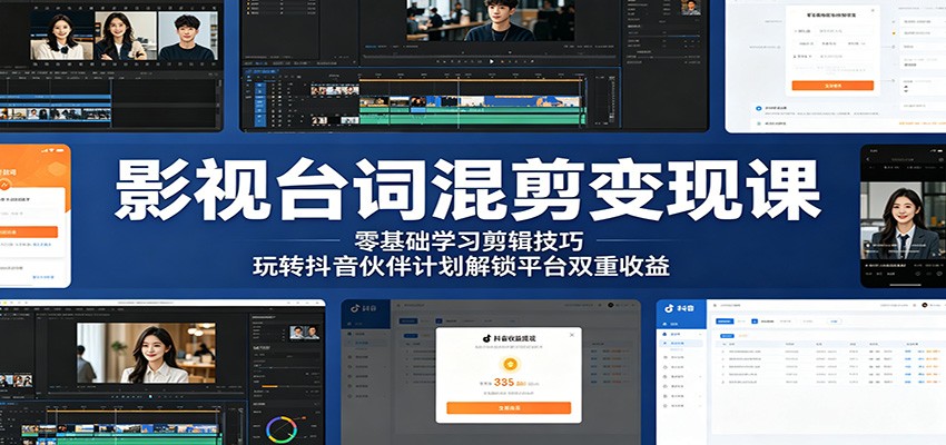 影视台词混剪变现课：零基础学习剪辑技巧，玩转抖音伙伴计划解锁平台双重收益-聚合项目网