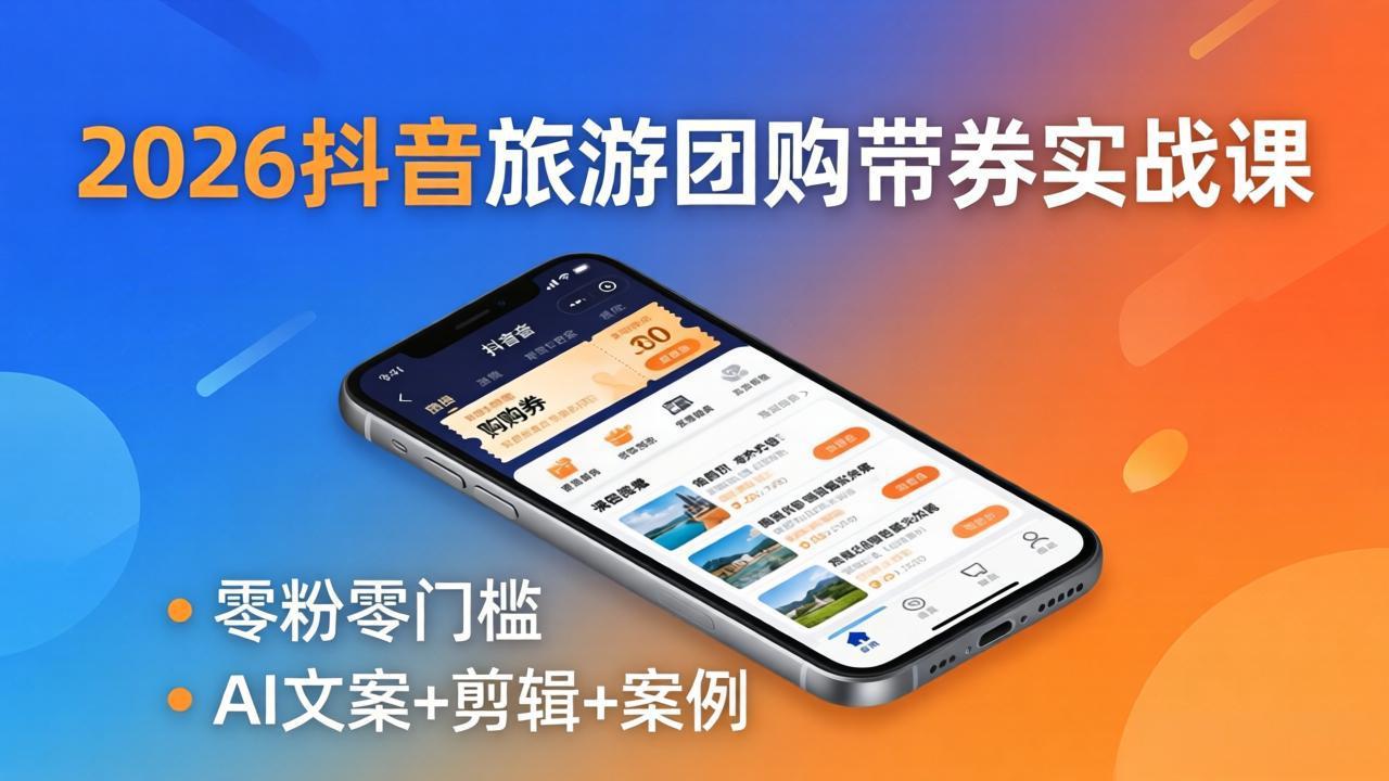 2026抖音旅游团购带券实战课：零粉零门槛，AI文案+剪辑+案例，躺着赚门票佣金-聚合项目网