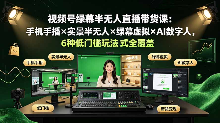 视频号绿幕半无人直播带货课：手机手播×实景半无人×绿幕虚拟×AI数字人，6种低门槛玩法全覆盖-聚合项目网