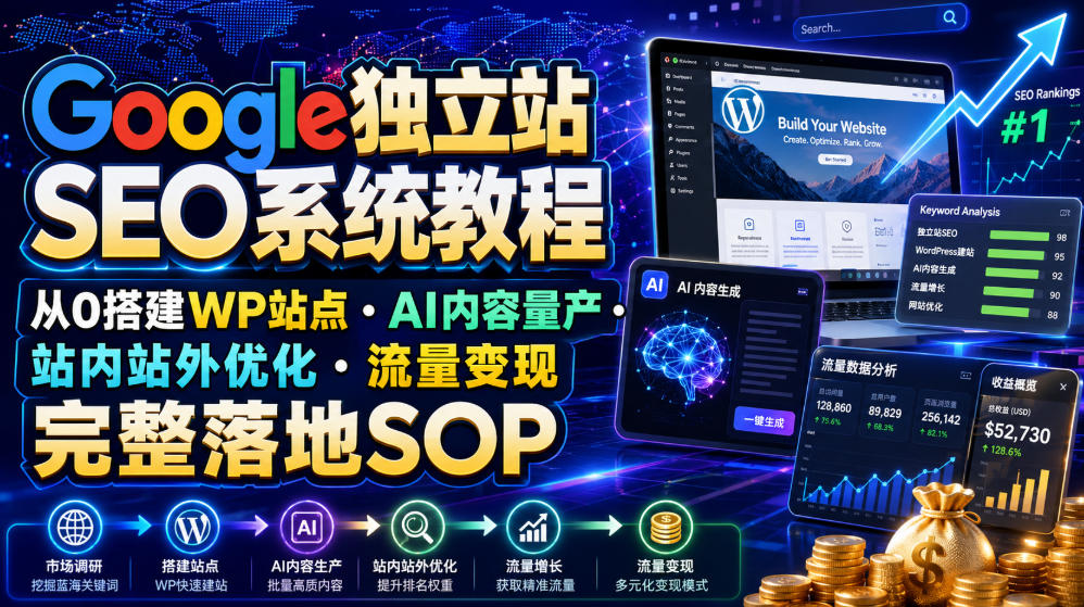 Google独立站SEO系统教程，从0搭建WP站点・AI内容量产・站内站外优化・流量变现完整落地SOP(2026年7月)-聚合项目网