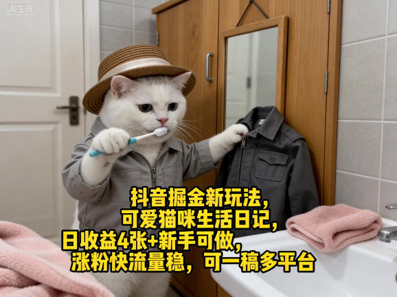 抖音掘金新玩法，可爱猫咪生活日记，日收益4张+新手可做，涨粉快流量稳，可一稿多平台-聚合项目网