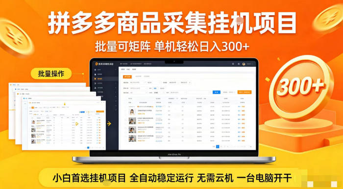 拼多多商品信息全自动采集项目，批量可矩阵，单机轻松日入300+，无需云机一台电脑开干【揭秘】-聚合项目网