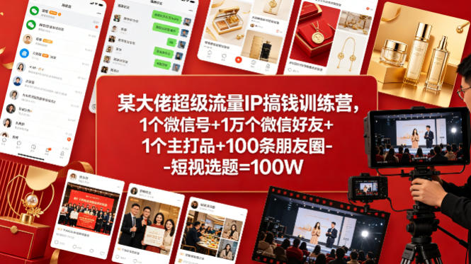 某大佬超级流量IP搞钱训练营，1个微信号+1万个微信好友+1个主打品+100条朋友圈-短视选题=100W-聚合项目网