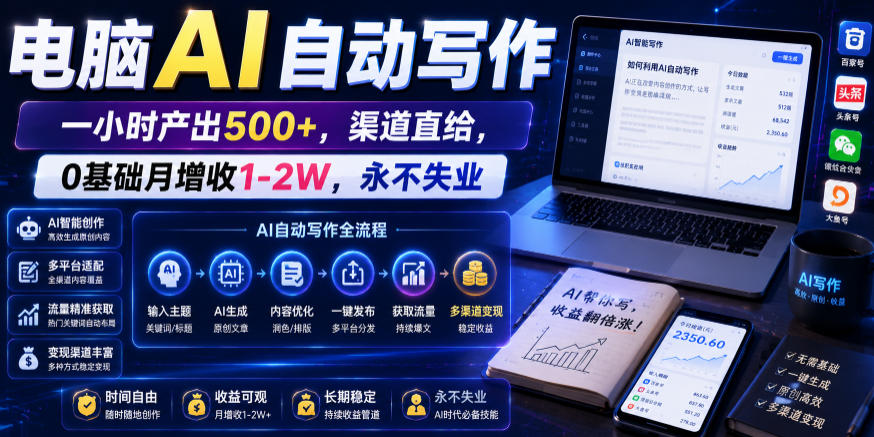 电脑AI自动写作，一小时产出500+，渠道直给，0基础月增收1-2W，永不失业【揭秘】-聚合项目网