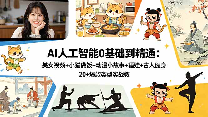 AI人工智能0基础到精通：美女视频+小猫做饭+动漫小故事+福娃+古人健身，20+爆款类型实战教学-聚合项目网