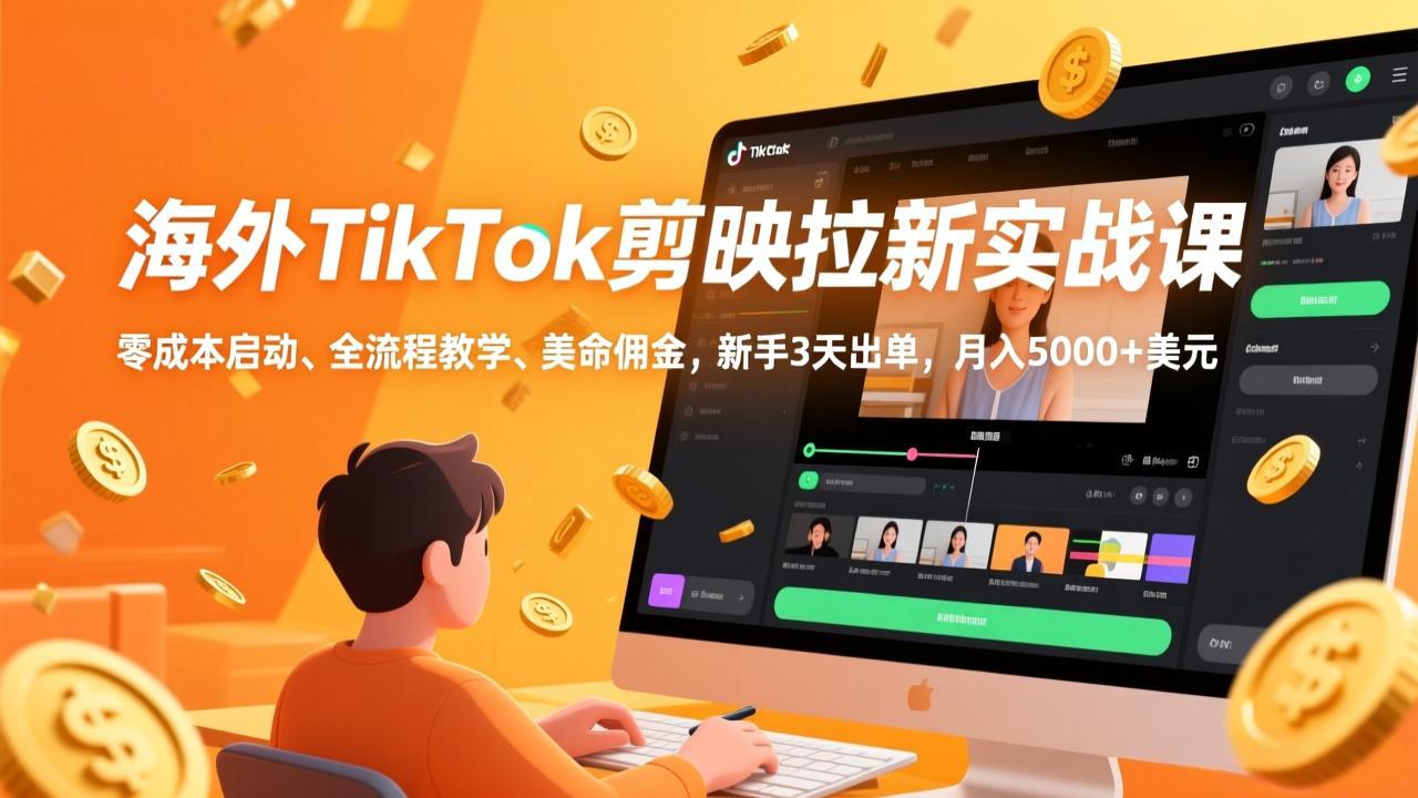 海外TikTok剪映拉新实战课，零成本启动、全流程教学、美金佣金，新手3天出单，月入5000+美元-聚合项目网