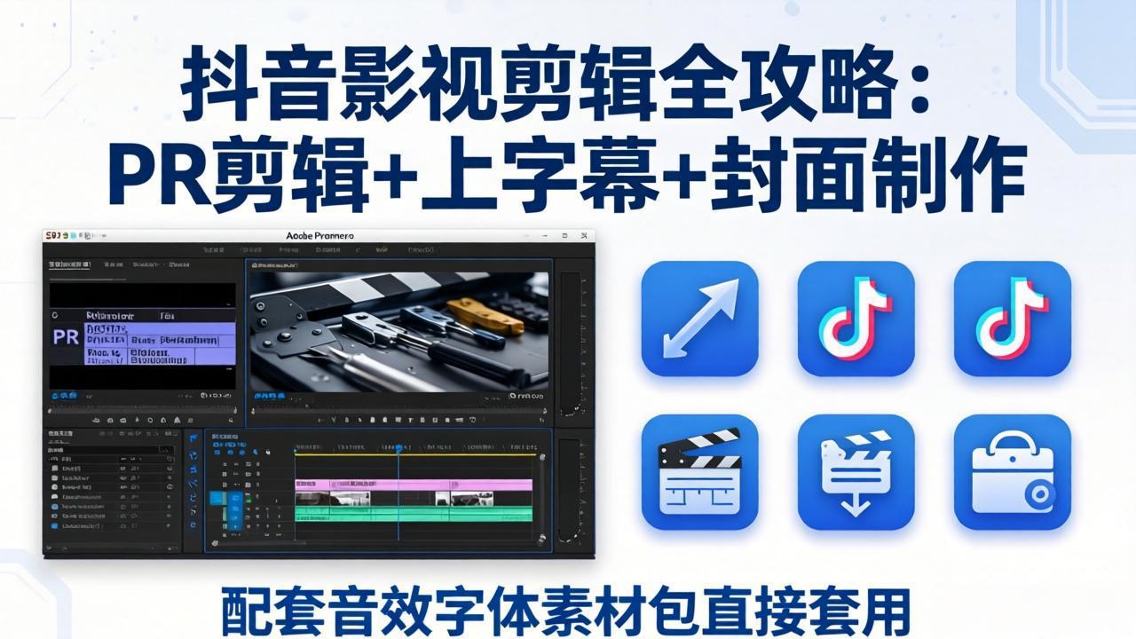 抖音影视剪辑全攻略：PR剪辑+上字幕+封面制作，配套音效字体素材包直接套用-聚合项目网