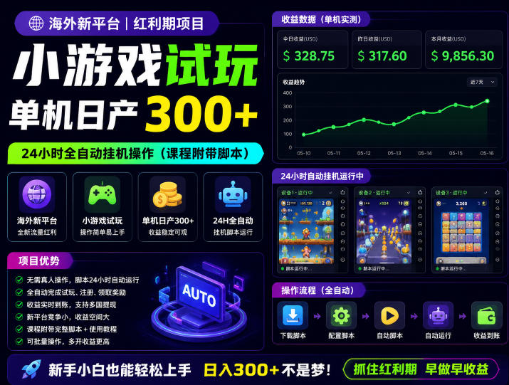 海外新平台，小游戏试玩，单机日产300+，24小时全自动挂G操作(课程附带脚本)【揭秘】-聚合项目网