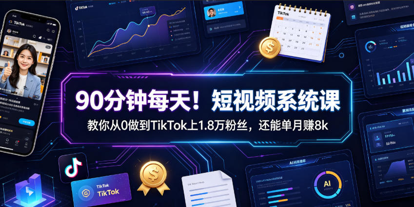 90分钟每天！短视频系统课教你从0做到TikTok上1.8万粉丝，还能单月賺8k【原创双语字幕】-聚合项目网