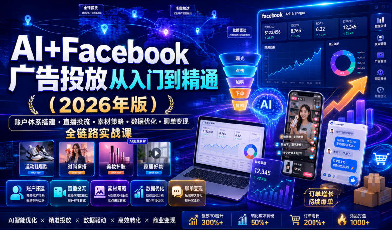 AI+Facebook广告投放从入门到精通(2026年版)｜账户体系搭建・直播投流・素材策略・数据优化・聊单变现全链路实战课-聚合项目网