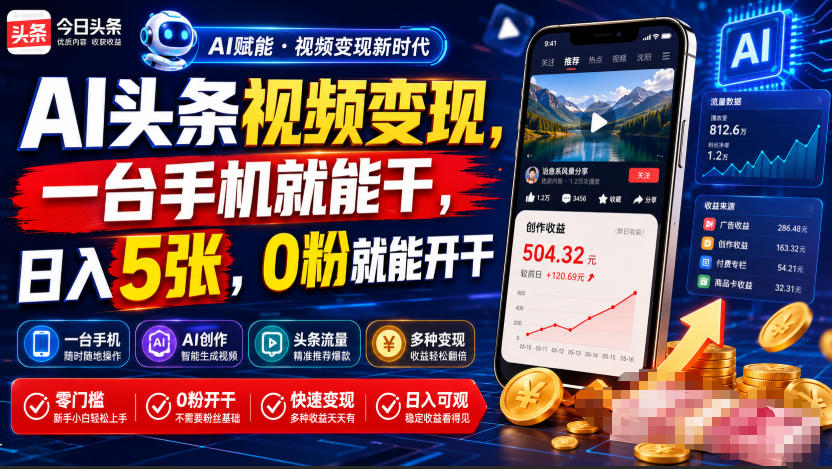 AI头条视频变现，一台手机就能干，日入5张，0粉就能开干-聚合项目网