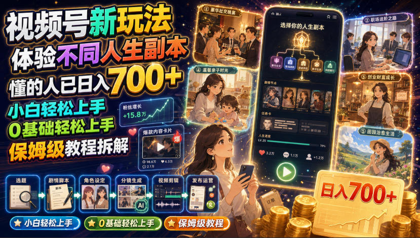 视频号新玩法体验不同人生副本，懂的人已日入700+，小白轻松上手，0基础轻松上手，保姆级教程拆解-聚合项目网