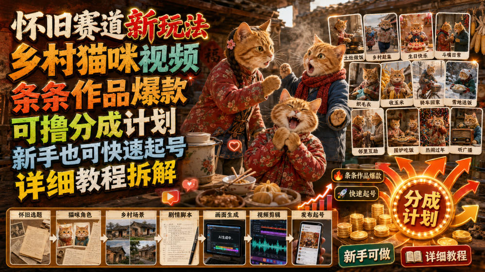 怀旧赛道新玩法，乡村猫咪视频，条条作品爆款，可撸分成计划，新手也可快速起号，详细教程拆解-聚合项目网