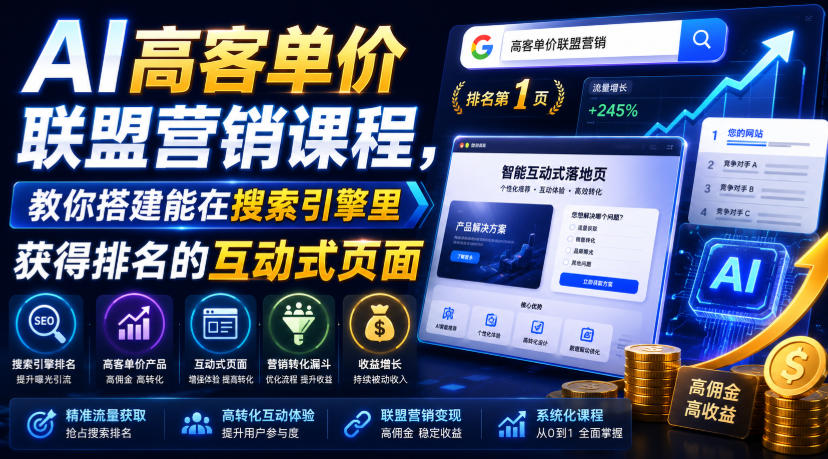 AI高客单价联盟营销课程，教你搭建能在搜索引擎里获得排名的互动式页面，引来流量，把访客转化为高佣金的成交【原创双语字幕】-聚合项目网