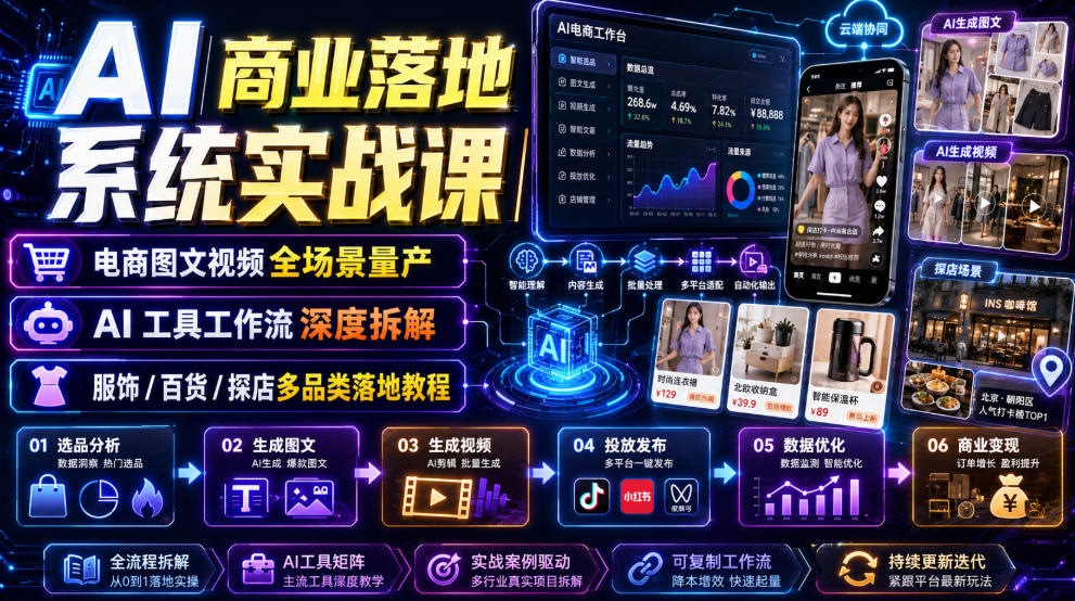 AI商业落地系统实战课｜电商图文视频全场景量产・AI工具工作流深度拆解・服饰/百货/探店多品类落地教程-聚合项目网