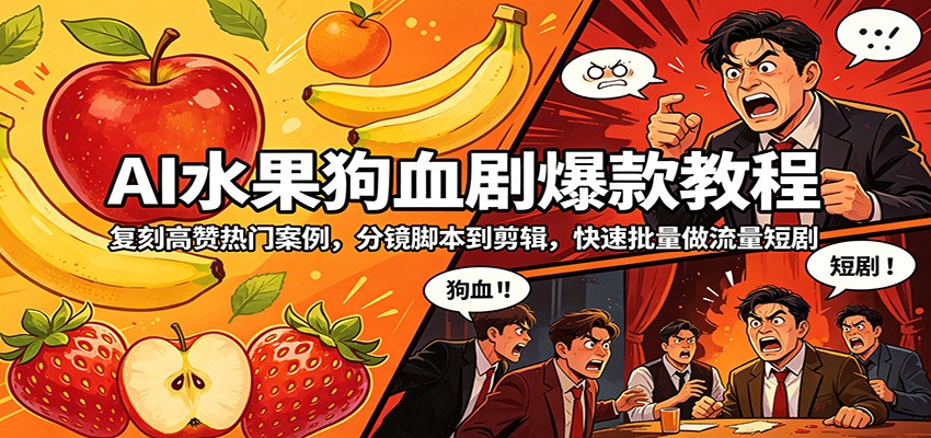 AI水果狗血剧爆款教程：复刻高赞热门案例，分镜脚本到剪辑，快速批量做流量短剧-聚合项目网