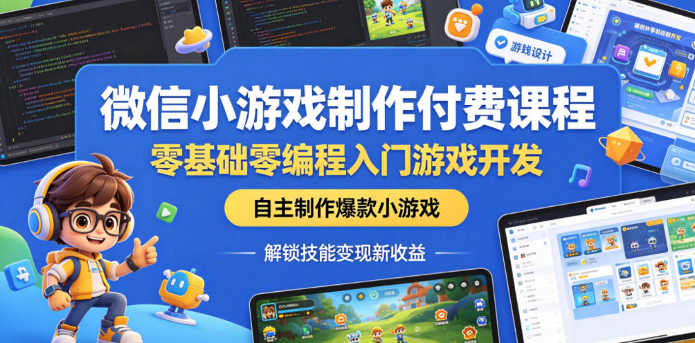 微信小游戏制作付费课程，零基础零编程入门游戏开发，自主制作爆款小游戏，解锁技能变现新收益-聚合项目网