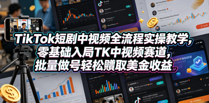 TikTok短剧中视频全流程实操教学，零基础入局TK中视频赛道，批量做号轻松賺取美金收益-聚合项目网