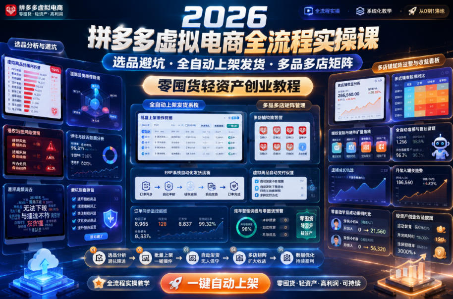 2026拼多多虚拟电商全流程实操课，选品避坑・全自动上架发货・多品多店矩阵，零囤货轻资产创业教程-聚合项目网