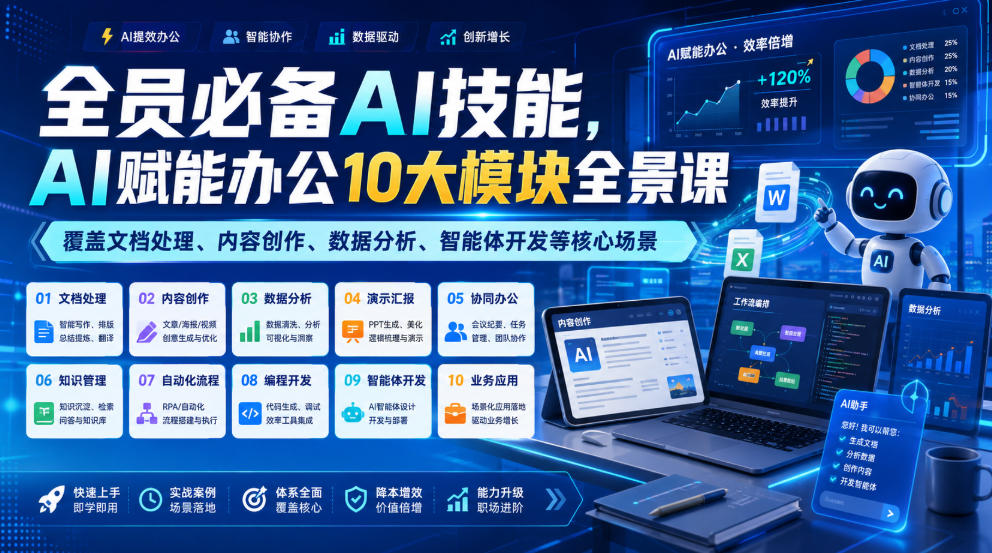 全员必备AI技能，AI赋能办公10大模块全景课，覆盖文档处理、内容创作、数据分析、智能体开发等核心场景-聚合项目网