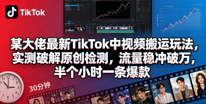某大佬最新TikTok中视频搬运玩法，实测破解原创检测，流量稳冲破万，半个小时一条爆款-聚合项目网
