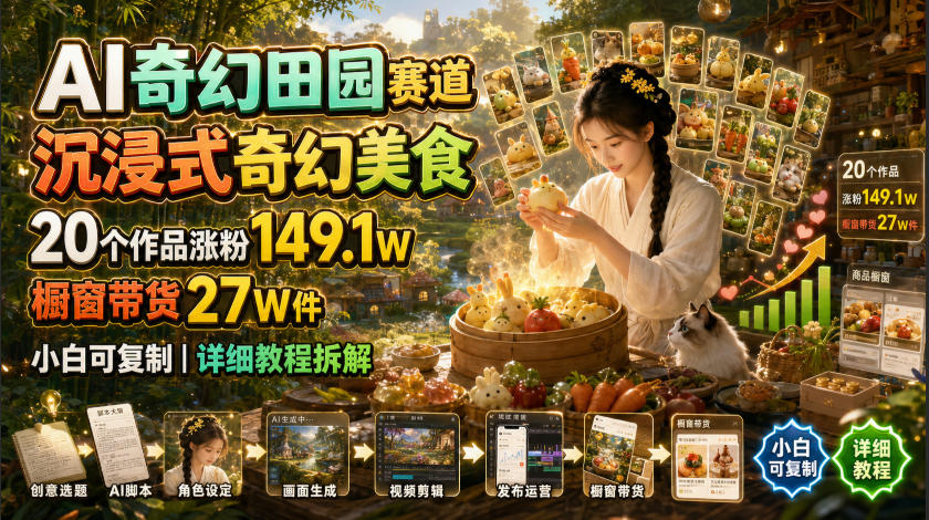 AI奇幻田园赛道，沉浸式奇幻美食，20个作品涨粉149.1W，橱窗带货27W件，小白可复制，详细教程拆解-聚合项目网