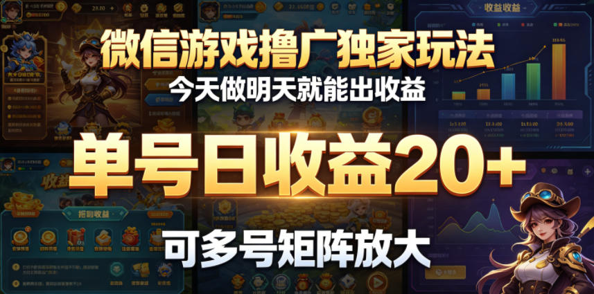 微信游戏撸广独家玩法，今天做明天就能出收益，单号日收益20+，可多号矩阵放大-聚合项目网