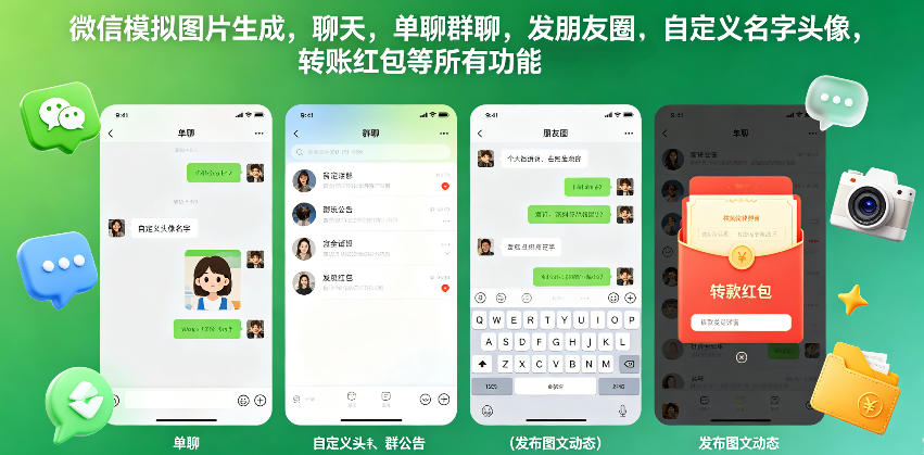 微信模拟图片生成，聊天，单聊群聊，发朋友圈，自定义名字头像，转账红包等所有功能都可以生成-聚合项目网