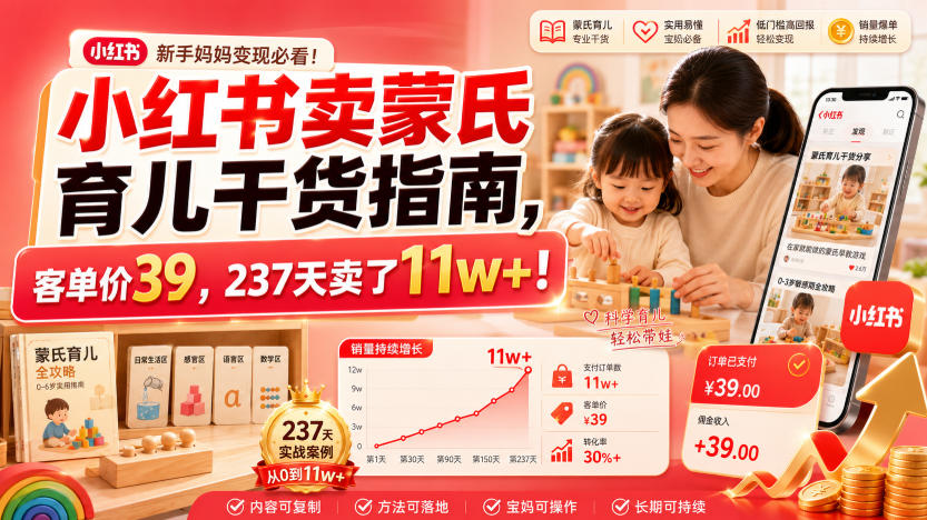 小红书卖蒙氏育儿干货指南，客单价39，237天卖了11w+！-聚合项目网