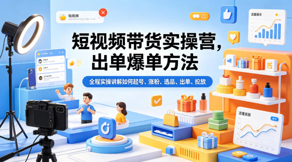 短视频带货实操营，出单爆单方法，全程实操讲解如何起号、涨粉、选品、出单、投放-聚合项目网