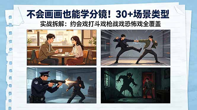 不会画画也能学分镜！30+场景类型实战拆解：约会戏打斗戏枪战戏恐怖戏全覆盖-聚合项目网