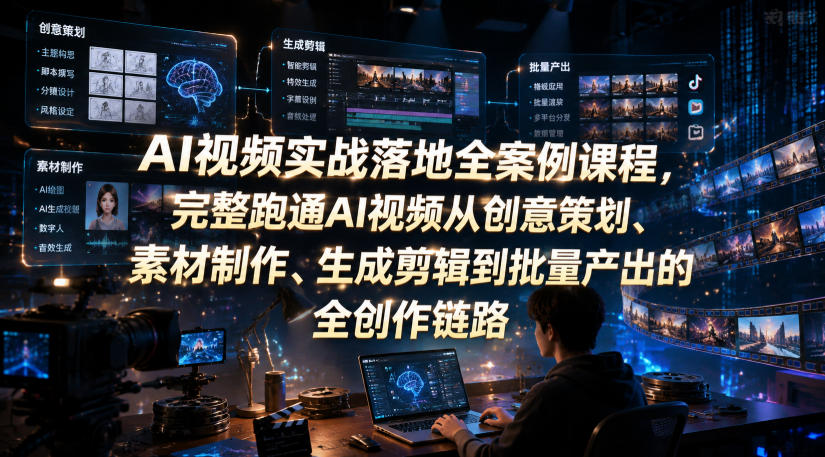 AI视频实战落地全案例课程，完整跑通AI视频从创意策划、素材制作、生成剪辑到批量产出的全创作链路-聚合项目网
