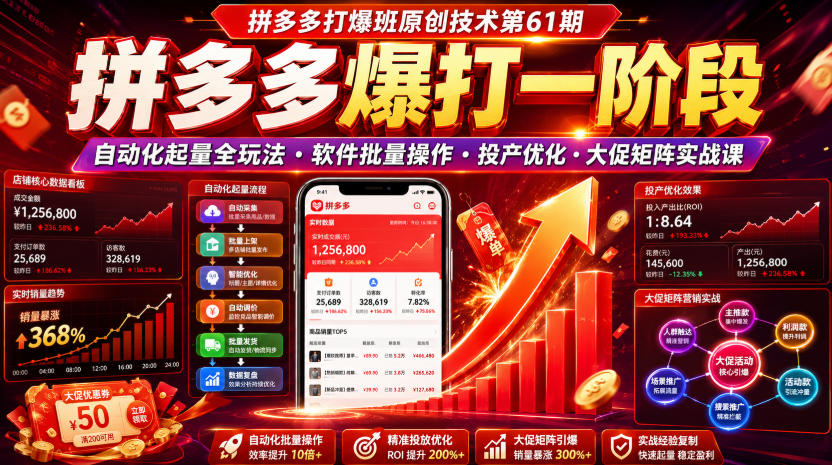 拼多多打爆班原创技术第61期，拼多多爆打一阶段，自动化起量全玩法・软件批量操作・投产优化・大促矩阵实战课-聚合项目网