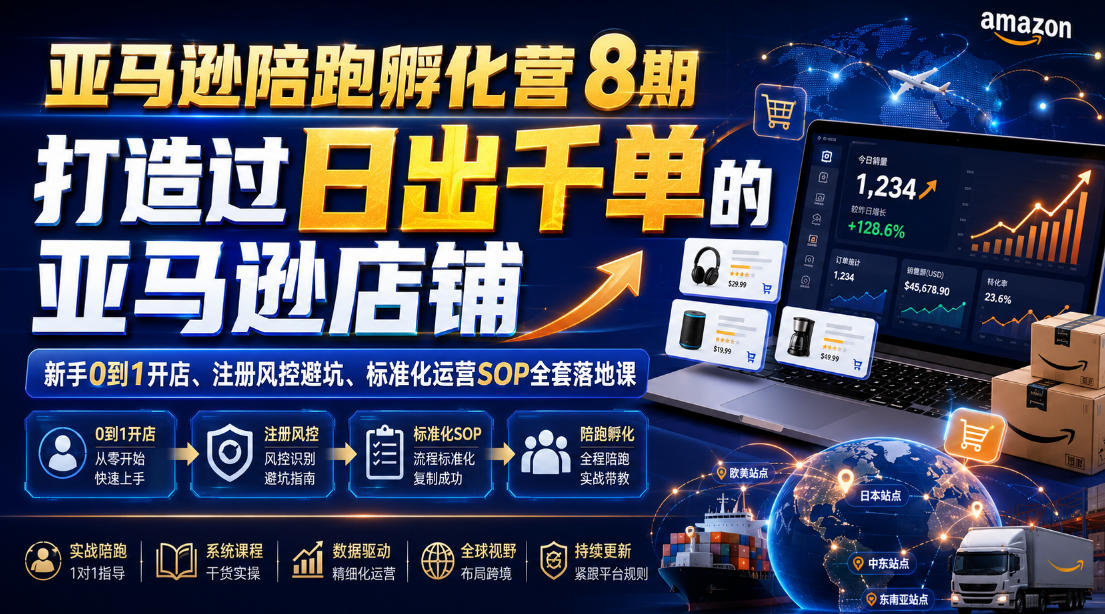 亚马逊陪跑孵化营8期，打造过日出千单的亚马逊店铺，新手0到1开店、注册风控避坑、标准化运营SOP全套落地课-聚合项目网