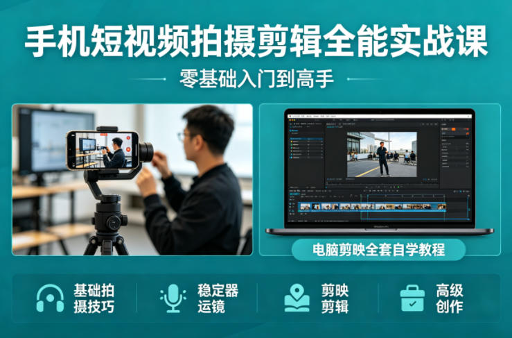 手机短视频拍摄剪辑全能实战课：零基础入门到高手，稳定器运镜+电脑剪映全套自学教程-聚合项目网