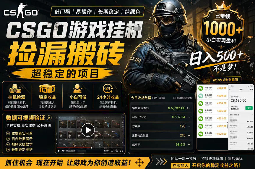 CSGO游戏搬砖，全自动挂G，不需要玩游戏，手机操作日入300+，解放双手【揭秘】-聚合项目网