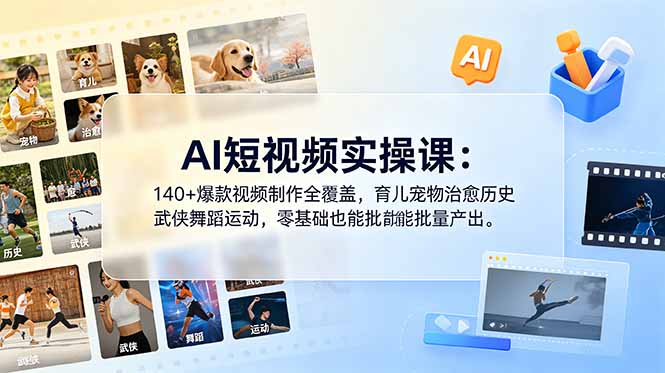 AI短视频实操课：140+爆款视频制作全覆盖，育儿宠物治愈历史武侠舞蹈运动，零基础也能批量产出-聚合项目网