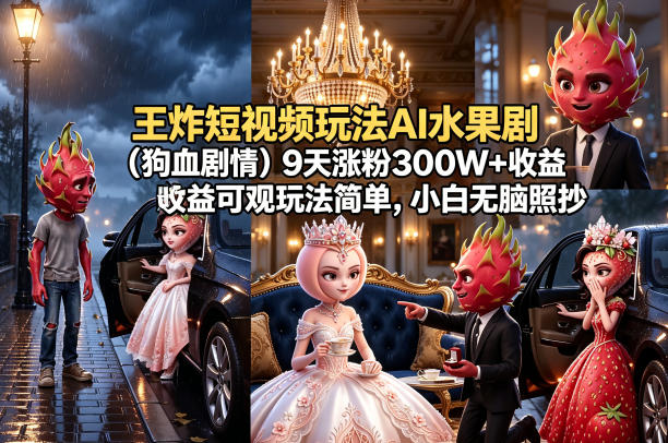 王炸短视频玩法AI水果剧(狗血剧情)9天涨粉300W+收益可观玩法简单，小白无脑照抄，详细拆解玩法-聚合项目网