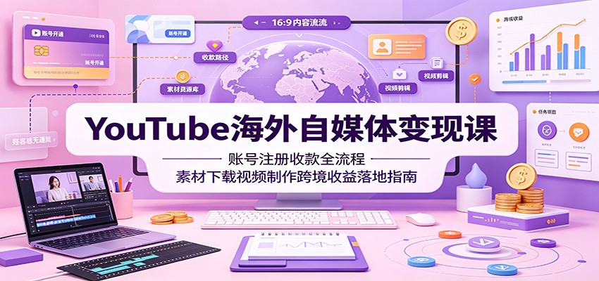 YouTube海外自媒体变现课:账号注册收款全流程,素材下载视频制作跨境收益落地指南-聚合项目网