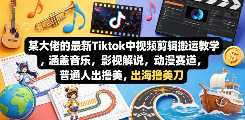 某大佬的最新Tiktok中视频剪辑搬运教学，涵盖音乐，影视解说，动漫赛道，普通人出海撸美刀-聚合项目网