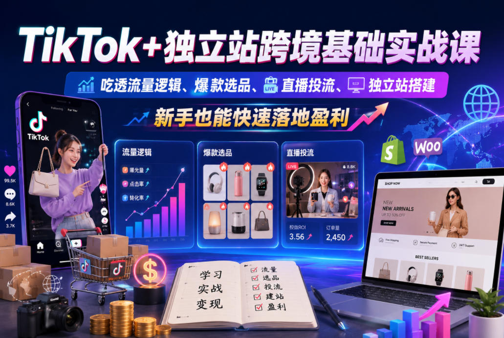 TikTok+独立站跨境基础实战课，吃透流量逻辑、爆款选品、直播投流与独立站搭建，新手也能快速落地盈利-聚合项目网