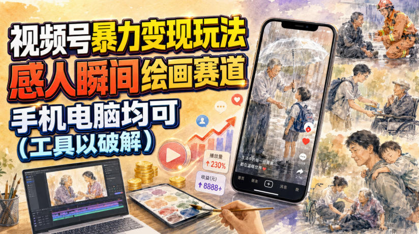 视频号暴力变现玩法，感人瞬间绘画赛道，手机电脑均可-聚合项目网