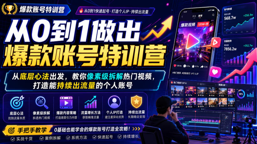 从0到1做出爆款账号特训营，从底层心法出发，教你像素级拆解热门视频，打造能持续出流量的个人账号-聚合项目网