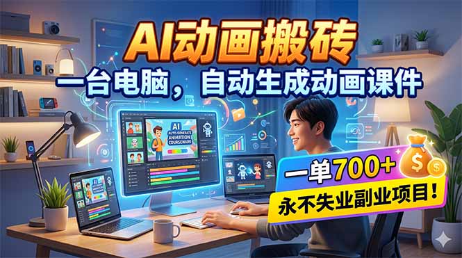 AI动画搬砖，一台电脑，自动生成动画课件，一单800+ 永不失业副业项目！-聚合项目网