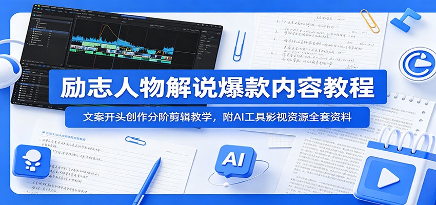 励志人物解说爆款内容教程：文案开头创作分阶剪辑教学，附AI 工具影视资源全套资料-聚合项目网