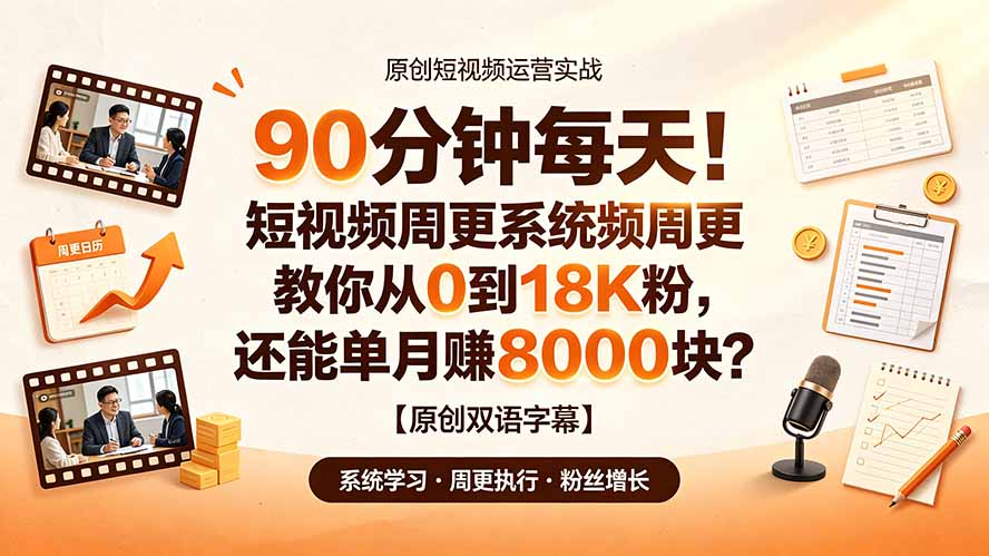 90 分钟每天！短视频周更系统教你从 0 到 18K 粉，还能单月赚 8000 块？【原创双语字幕】-聚合项目网
