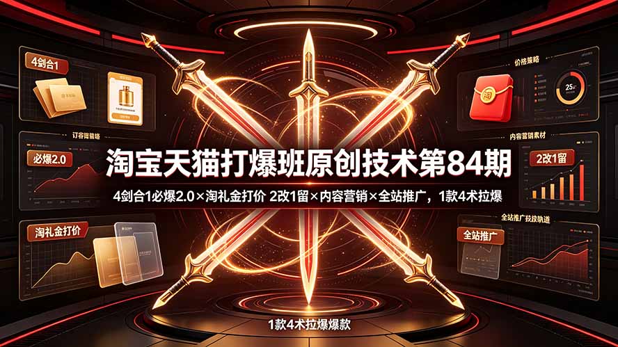 淘宝天猫打爆班原创技术第84期：4剑合1必爆2.0×淘礼金打价×2改1留×内容营销×全站推广，1款4术拉爆-聚合项目网