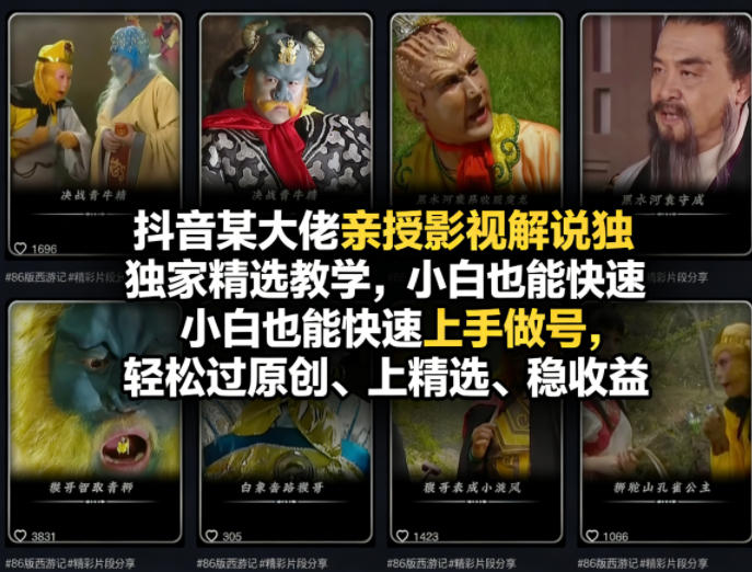 抖音某大佬亲授影视解说独家精选教学，小白也能快速上手做号，轻松过原创、上精选、稳收益-聚合项目网